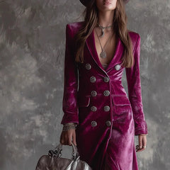 LIZAKOSHT - Elegant Women Velvet Lapel Double Breasted Long Sleeve Slit Midi Dress Autumn Winter Solid Color Slim Fit Female Party Dress