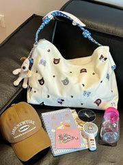 LIZAKOSHT - Casual Embroidery Drawstring Cat Kitty Canvas Tote Handbag Underarm Bags Women Shoulder Crossbody Bag