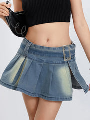LIZAKOSHT - Retro Low waist Denim Mini Skirts Women's Short A-Line Pleated Skirt with Belt Streetwear Aesthetic Clothes Jeans Skirt