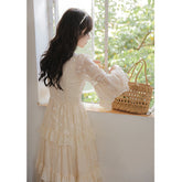 LIZAKOSHT - Vintage Lace Floral Dress for Woman French Square Collar Splicing Hollow Out Lantern Sleeve Romantic Sweet Elegant Midi Dresses