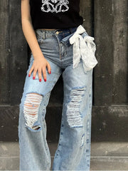 LIZAKOSHT - Y2k Bow Lace Ripped Holes Woman's Denim Pants Baggy Wide Leg Jeans Dragging Hollow Out Fashion Chic Casual High Street Pants
