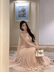 LIZAKOSHT - Summer Sleeveless Halter Maxi Dress Elegant Tight Waist V-neck Beach Dress Robes Temperament Party Backless Dresses