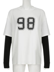 LIZAKOSHT - Casual Solid Patchwork T Shirt Basic Loose O-Neck Long Sleeve Tees Women Autumn Spring Fashion Streetwear Ladies