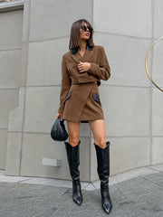 LIZAKOSHT  -  Irregular Mini Skirts Short Coats 2 Piece Set Woman Wrap Buttock Long Sleeve Turn-Down Collar Tops Slim Sexy Fashion Out Suits