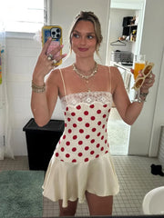 LIZAKOSHT - Retro Lace Trim Polka Dot Mini Dress Lady Sexy Off-shoulder Backless Sling Short A-line Dresses Women Vacation Street Gown