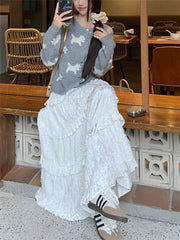 LIZAKOSHT - White Cake Long Skirts Sweet Women Patchwork Ruffles Chic 2024 Loose New Spring Casual Sweaters Mujer Office Lady