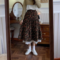 LIZAKOSHT - Vintage Floral Midi Skirt Women Lace Patchwork High Waist A Line Loose Casual Skirts Fall Winter Retro Harajuku Elegant Skirt