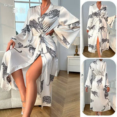 LIZAKOSHT - Satin Long Sleeved Lace Up Over Knee Sexy Pure Desire Style Nightgown