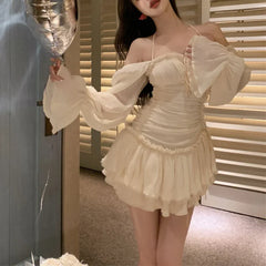 LIZAKOSHT - Korean Lace-up Pleated Solid Color Casual Long-sleeved Dress Women 2024 Spring New Off-the-shoulder Sexy Slim Elegant Mini Dress