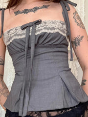 LIZAKOSHT - Lace Cute Bow Sexy Camisoles Slim Y2K Aesthetic Backless Top Women's Vest Hot Chic Sweet Casual Lace Up Outfits