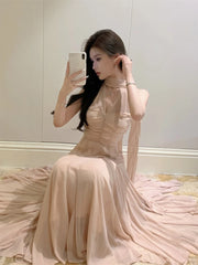 LIZAKOSHT - Summer Sleeveless Halter Maxi Dress Elegant Tight Waist V-neck Beach Dress Robes Temperament Party Backless Dresses