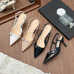 LIZAKOSHT - pointed toe japanned leather women sandals metal buckle slingback high heels summer shoes woman cutout sandalias de tacón