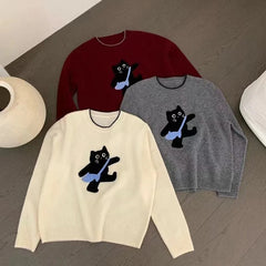 LIZAKOSHT - Cartoon Cat Sweater Women Kawaii Cute Print Knitted Pullovers Harajuku Korean Long Sleeve Knitwear Winter Red Jumpers New