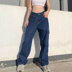 LIZAKOSHT - Autumn and Winter New Women's Casual Fashion Pockets Solid Color Denim Loose Straight Leg Pants Ladies Simple Trousers