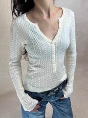 LIZAKOSHT - Twist Flower Buttons Knitwear Woman Autumn O-neck Long Sleeve Knitted Slim Pullovers Casual Simple Solid Baisc Sweater Y2k Tops