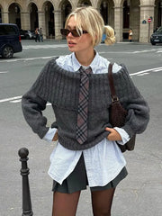 LIZAKOSHT - Solid Slash Neck Knit Pullover For Women Fashion Off Shoulder Long Sleeve Sweater Autumn Casual Loose Female Street Jumpers