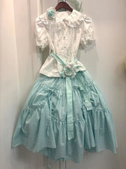 LIZAKOSHT - Lolita White Short Sleeved Harajuku Jk Shirts Women+ Y2k Sweet Bow High Waist Skirts 2025 Summer New Two Piece Sets