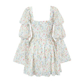 LIZAKOSHT - Sweet Women Floral Print Mini Dress Long Sleeve Square Neck Female Party Summer Dresses Holiday Robe
