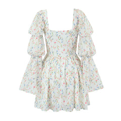 LIZAKOSHT - Sweet Women Floral Print Mini Dress Long Sleeve Square Neck Female Party Summer Dresses Holiday Robe
