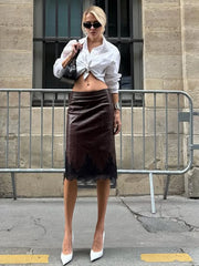 LIZAKOSHT - Patchwork PU Leather Lace Women Skirt Brown High Waist Mini Skirt Female Autumn Winter New Elegant Party Streetwear