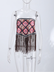 LIZAKOSHT - Women Floral Print Strapless Tube Top Long Tassel Asymmetric Triangle Hanky Hem Boho Western Cowgirl Festival Crop Bustier