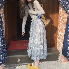 LIZAKOSHT - Vintage Floral Printed Casual Chiffon Mid-length Skirt Women Summer New High Waist Pleated Draped Loose A-line Skirt