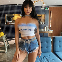 Lizakosht Explosive Letter Embroidery Bandeau Women Spring New Amazon Hot Sale Raw Edge T-shirt