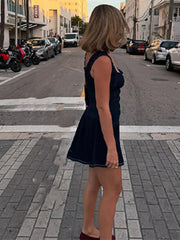 LIZAKOSHT - Vintage Women Cinching Waist Denim Slip Pleated Dress Dark Blue A-line Strap Skirts Distressed Street Wear Casual Jeans Dress