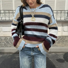  LIZAKOSHT - Women Multicolor Block Stripe Crew Neck Knit Sweater Loose Long Sleeve Pullover