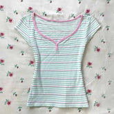 LIZAKOSHT - Y2k Stripes T Shirt For Women V Neck Versatile Color Blocking Vintage T-shirts Spring Summer Sexy Basics Ropa De Mujer