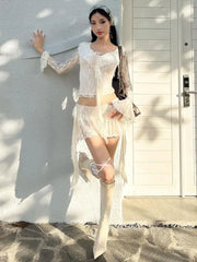 LIZAKOSHT - Two Pieces Set Lace Bandage Sexy Streetwear Slim Sweet Crop Tops + Women Y2k Aesthetic Vintage Harajuku Irregular Mini Skirts