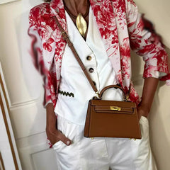 LIZAKOSHT  -  Elegant Temperament Pocket Party Jacket Red Printed Single Button Slim Outwear Autumn Winter Lady Lapel Long Sleeved Blazer Coat