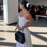 LIZAKOSHT - Women Polka Dot Halter Neck Maxi Dress Ruched A Line Vintage Elegant Holiday Beach Vacation Dress Spring Summer Outfit