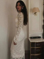 LIZAKOSHT - Sexy Deep V-neck Lace Women 3 Piece Sets White Long Sleeve See Through Dress Set Winter Slim Elegant Party Evening Dress