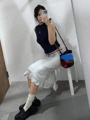 LIZAKOSHT - Patchwork Stripe Skirts Women Harajuku Ruffled Jupe Faldas Mujer De Moda High Waist Tunic Saia Y2k Aesthetic Split Skirt
