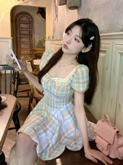 LIZAKOSHT - Summer Sweet Dopamine Slim Plaid Dress Women Fashion Design Square Neck Short Sleeve Dresses Elegant Bow Pretty Flower Bud Dress