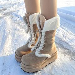 LIZAKOSHT - Winter y2k lace-UP Platform Boots Women Shoes Keep Warm Khaki Wedges Heels Mid-calf Snow Boots