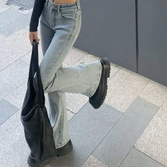 LIZAKOSHT - Women's Elastic Slim Denim Flare Boot Cut Pants Female Lady Vintage High Waist Trumpet Full Length Jeans Streetwear for Women
