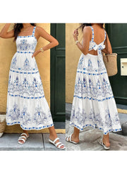 LIZAKOSHT - Women s Ruffled Maxi Dress Sleeveless Boho Floral Print A-Line Dress Summer Flowy Beach Dress with Tiered Hem