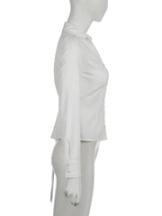 LIZAKOSHT - Elegant Fashion Solid Folds Blouse Casual Slim Turn-Down Collar Long Sleeve Shirts Women Autumn Spring Office Lady