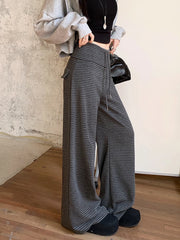 LIZAKOSHT - Harajuku Striped Women Pants Fall Winter Loose Casual Streetwear Wide Leg Trouser Female Retro Lace Up Straight High Waist Pants