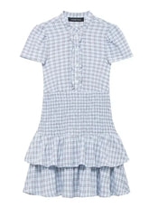 LIZAKOSHT - Plaid Waist Cinching A-line Dress Women Casual Short Sleeve V-neck Layered Pleated Mini Dresses Lady Holiday Street Robes