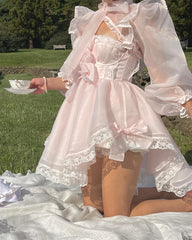 LIZAKOSHT - Fairy A Line Pink Organza Short Prom Dresses Puff Long Sleeves Lace Bow Formal Occasion Party Dress Wedding Gowns