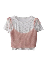 LIZAKOSHT - Women's Korean Sweet Style Small Floral O-neck Short -sleeved T-shirts+ Summer Bow Lace-up Suspenders Stacked Tops Two-piece Set