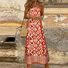 LIZAKOSHT  -  Chic Geometry Printed Casual Halter Dress Summer Sleeveless Loose Women's Vestidos Dress Elegant Hollow Out Split Evening Dress