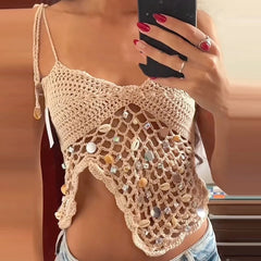 LIZAKOSHT - Women Y2K Sequin Sparkle Knit Cami Vest Shell Glitter Halter Tank Top Boho Beach Crochet Backless Tie Up Crop Top