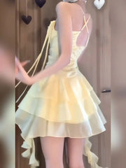 LIZAKOSHT - Japan Woman's Sexy Dress Yellow Square Collar Sleeveless Backless Summer Dresses Woman Trendy New
