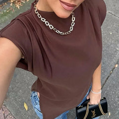 LIZAKOSHT - Fashion Sleeveless T-Shirt Women's Sexy Irregular Pleated Cropped Top 2025 Summer Woman Pullover Round Neck Vest T-Shirt