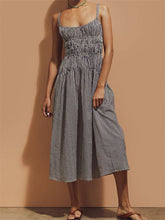 LIZAKOSHT - Women Ruched Dresses Striped Print Spaghetti Strap Sleeveless Backless Tie-Up A-line Dress with Pockets Vestidos