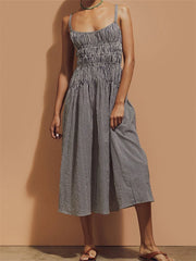 LIZAKOSHT - Women Ruched Dresses Striped Print Spaghetti Strap Sleeveless Backless Tie-Up A-line Dress with Pockets Vestidos